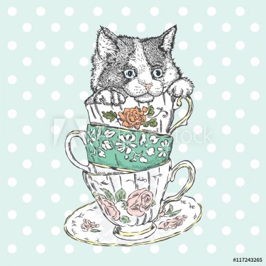 Cute kitten in a porcelain dish. Vector illustration for greeting card, poster, or print on clothes.