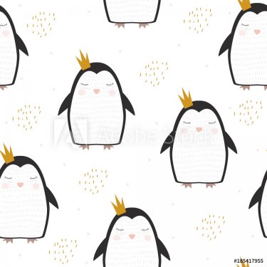 Cute penguin princess with golden brush elements seamless pattern. Vector hand drawn illustration.