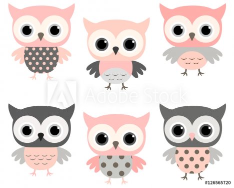 Cute pink and grey stylized owls vector set for kids designs - 901151754