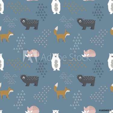 Cute scandinavian animals, seamless pattern on dark blue background. Fox, bro... - 901151857