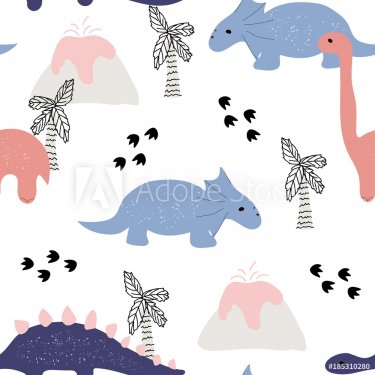 Cute seamless pattern with dinosaurs. Vector hand drawn illustration.