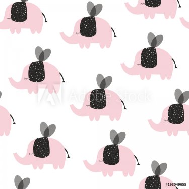 Cute seamless pattern with flying elephants. Vector hand drawn illustration.