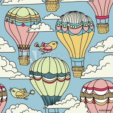 Cute seamless pattern with hot air balloons, birds and clouds