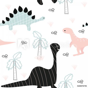 Cute seamless pattern with little dinosaurs and palm tree. Vector hand drawn illustration.
