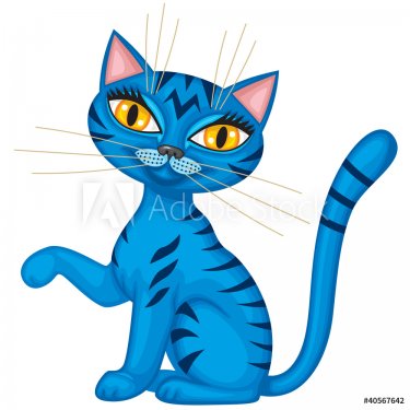 Cute tabby blue cat sits lifting arm - 900882220