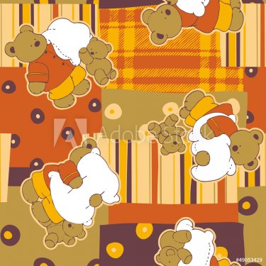 Cute teddy bears with patchwork  background  seamless pattern - 901138649