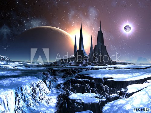 Derelict Alien City with Solar Eclipse - 900462458