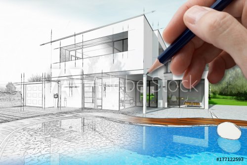Dessin d'une maison d'architecte avec plan et piscine - 901152744