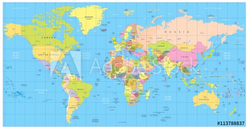 Detailed political World Map: countries, cities, water objects - 901148380