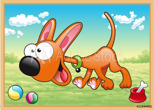 Dog is running in meadow with his toys - 900455870