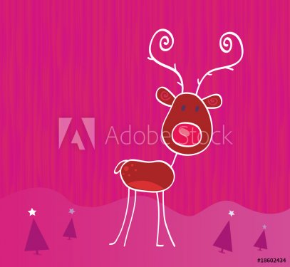 Doodle christmas reindeer Rudolph on snow. VECTOR.