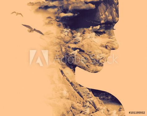 Double exposure portrait of young woman and nesting birds on the coast. - 901149154