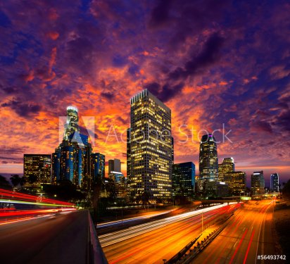 Downtown LA night Los Angeles sunset skyline California - 901141306