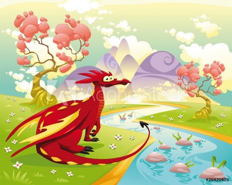 Dragon in landscape. Vector illustration, isolated objects.