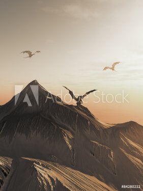 Dragon Peak at Sunset, fantasy illustration - 901146568