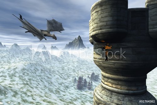 Dragon Tower - Fantasy illustration of a dragon flying towards a lonely tower in a winter landscape, 3d digitally rendered illustration