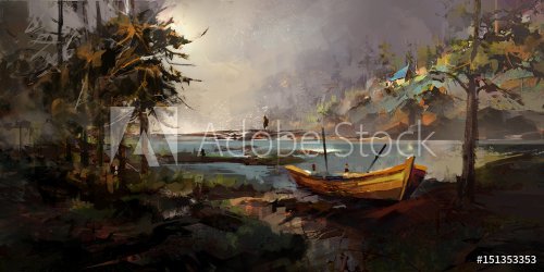 Drawing of a forest landscape with a boat and a man - 901153556