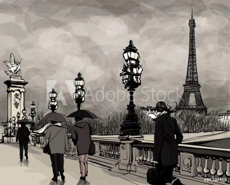 Drawing of Alexander III bridge in Paris showing Eiffel tower - 901144148