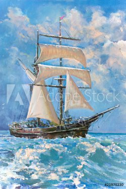 Drawing of boat is under sail, painting - 901148073