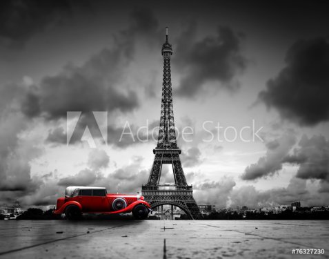 Effel Tower, Paris, France and retro red car. Black and white - 901152862