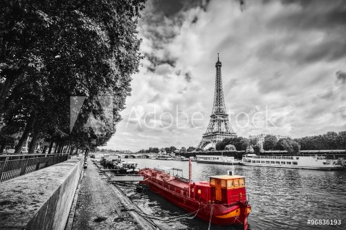 Eiffel Tower over Seine river in Paris, France. Vintage