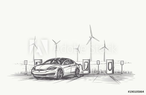 Electric Car charging hand drawn illustration. Vector, eps10.  - 901153305