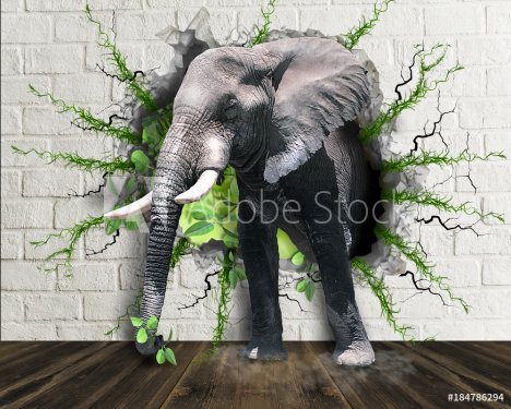 Elephant coming out of the wall. Wallpaper for the walls. 3D Rendering.