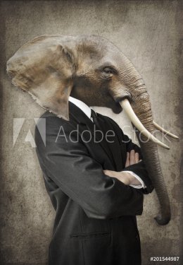 Elephant in a suit. Man with the head of an elephant. Concept graphic in vintage style.