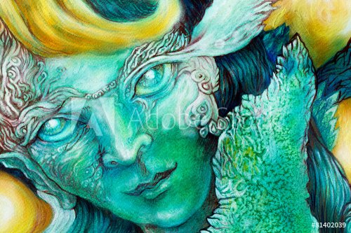 Emerald green elven creature in a fairy realm,beautiful colorful