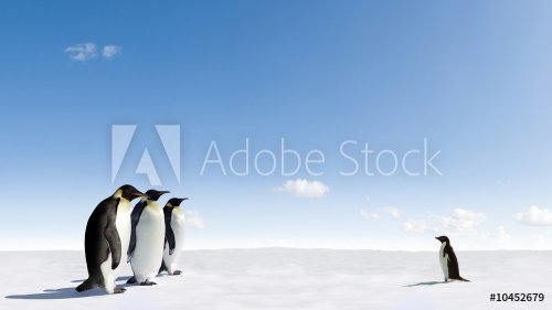 Emperor Penguins meeting Adelie Penguin in Antarctica - 900037925