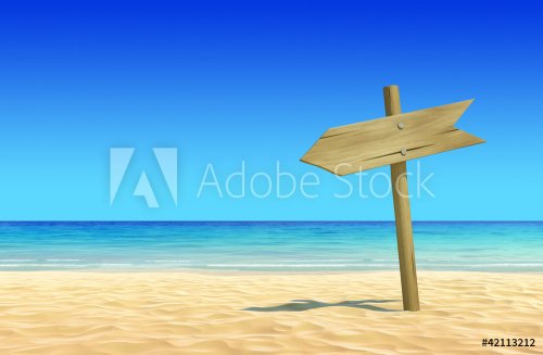 Empty wooden signpost on idyllic tropical sand beach