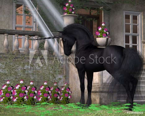 Enchanted Dark Unicorn - A black-coated magical unicorn takes an interest in pink Bell flowers near a forest cottage.