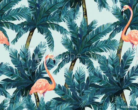 Exotic summer print. Seamless pattern with palm tree  and flamingo. Watercolor style.Vector illustration