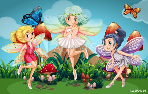 Fairies flying in the garden with butterflies - 901148018