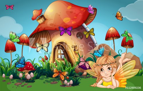 Fairy and butterflies at mushroom house - 901148017