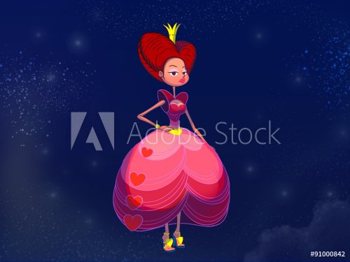 Fairy tale princess in pink dress, golden crown and yellow shoes. Digital background raster illustration.