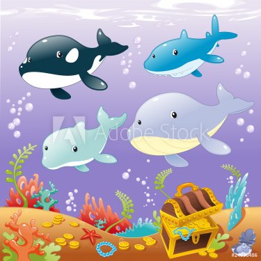 Family animals in the sea. Cartoon and vector illustration