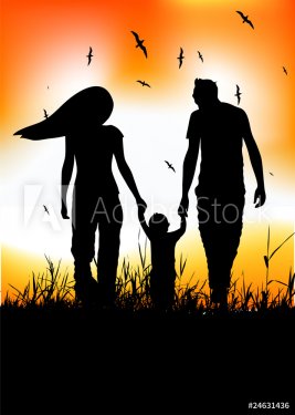 Family with little baby walk on summer field - 900459433