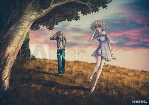 Fantasy illustration of a cute couple walking on the hill - 901148260