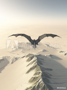Fantasy illustration of a grey dragon flying over a snow covered mountain ran... - 901146569