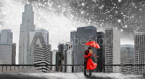 Fantasy illustration with Milky Way, stars. View of city space landscape. Painting New York. Skyscrapers and sky. Man and woman under an red umbrella