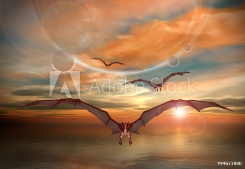 Fantasy Scene With Flying Dragons - 901146566