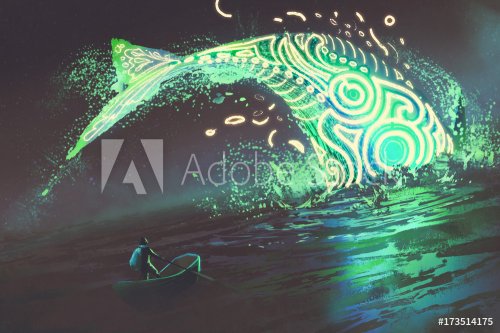 fantasy scenery of man on boat looking at the jumping glowing green whale in ... - 901153841