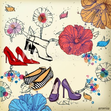 fantasy vector  background with flowers and  fashion shoes - 900496222