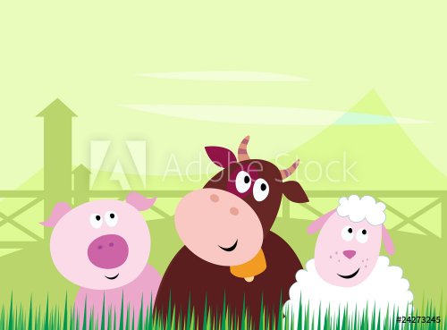 Farm animals - Pig, Cow and Sheep. Vector Illustration.