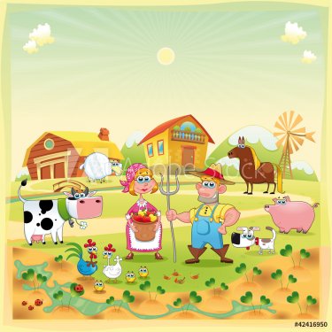 Farm Family. Funny cartoon and vector illustration. - 900454484