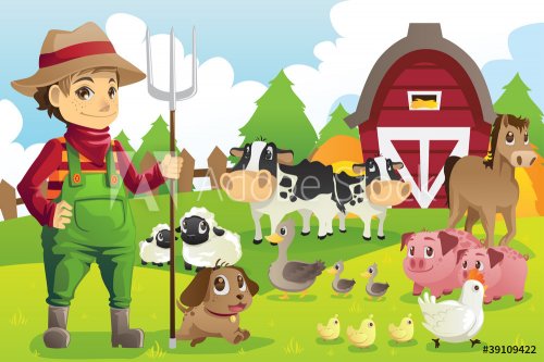 Farmer at the farm with animals - 900454289