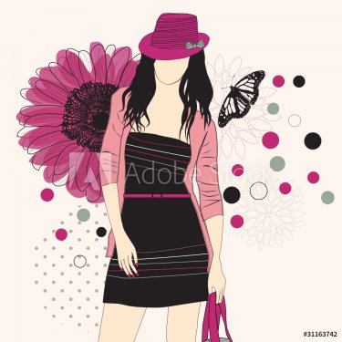 Fashion girl in hat on a floral background - 900465838