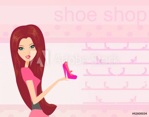 Fashion girl shopping in shoe shop vector illustration - 900469388