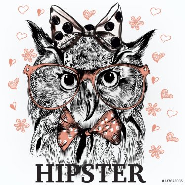 Fashion hipster background with stylish animal owl girl in pink glasses and bow